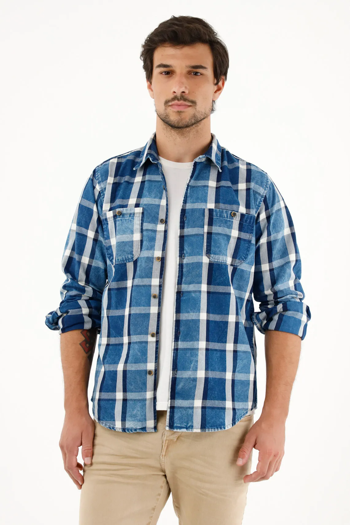 Camisa azul tipo leñadora para hombre