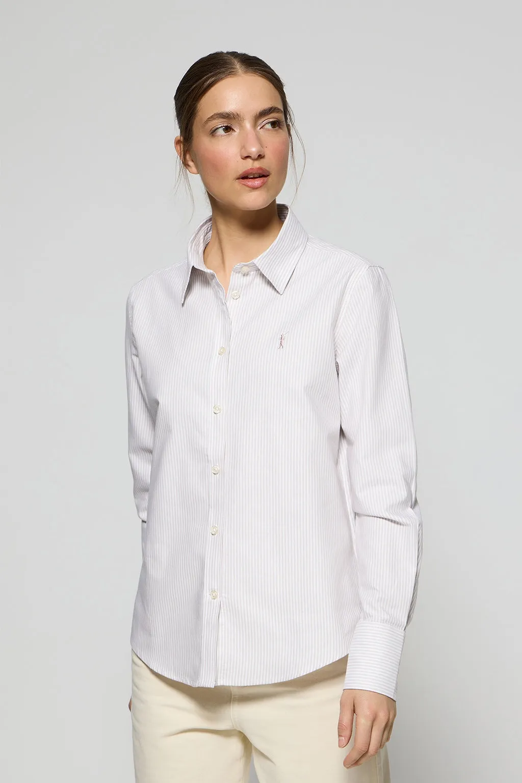 Camisa oxford de rayas marrones con logo Rigby Go