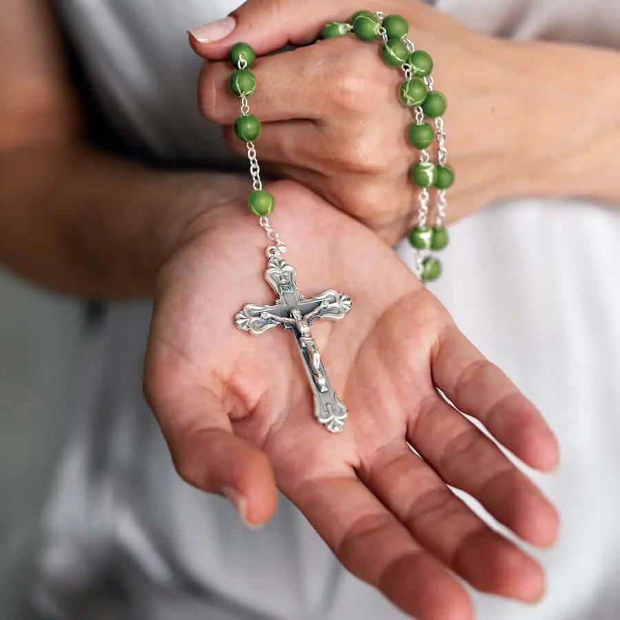 GREEN GLASS ROSARY - METAL