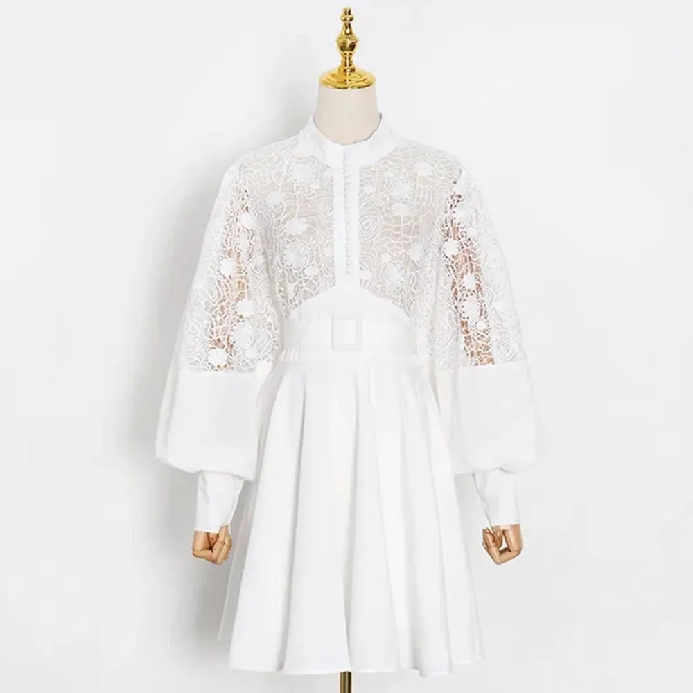 Sheer Lace Mini Dresses For Women Stand Collar Lantern Sleeve High Waist Spliced Belt Folds Dress Female Fashion Clothing